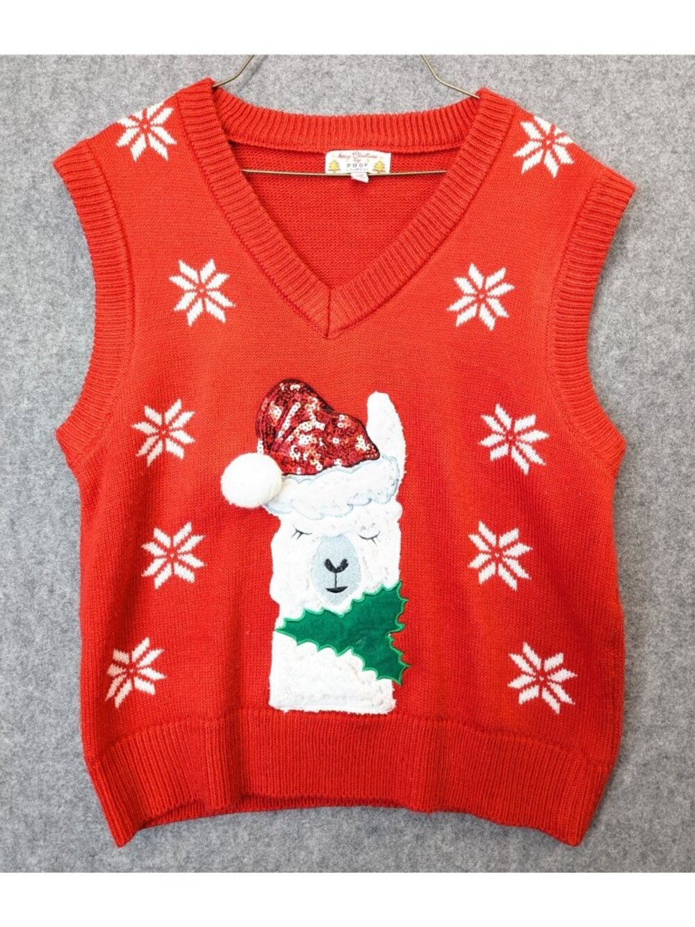 Christmas Llama Womens Medium Sweater Vest Funny Ugly Red Poof New York - Picture 2 of 7